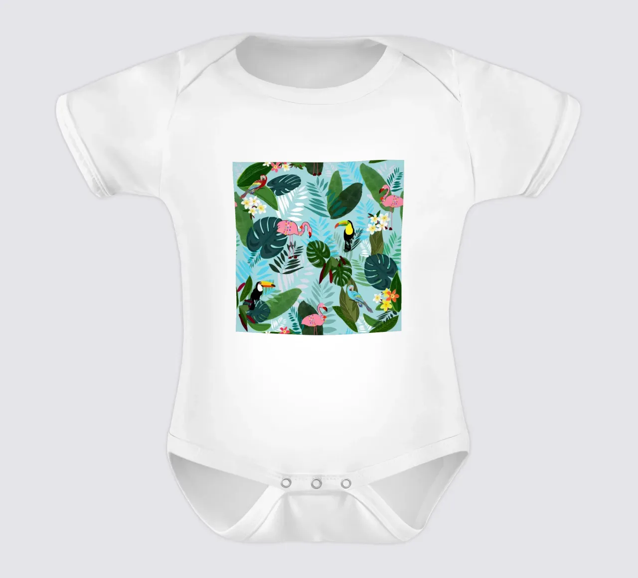 Tropical Leaves With Flamingo, Toucan and Parrot Exotic short-sleeve baby romper by gulsengunel