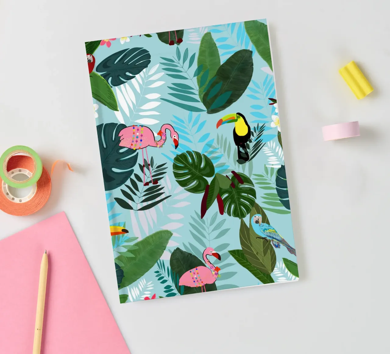 Tropical Leaves With Flamingo, Toucan and Parrot Exotic notebook by gulsengunel