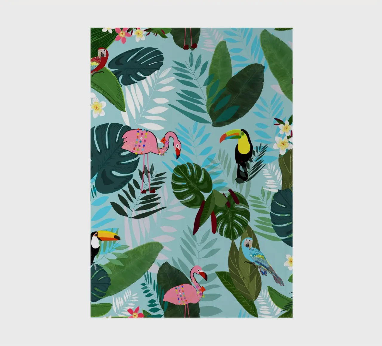 Tropical Leaves With Flamingo, Toucan and Parrot Exotic notebook by gulsengunel