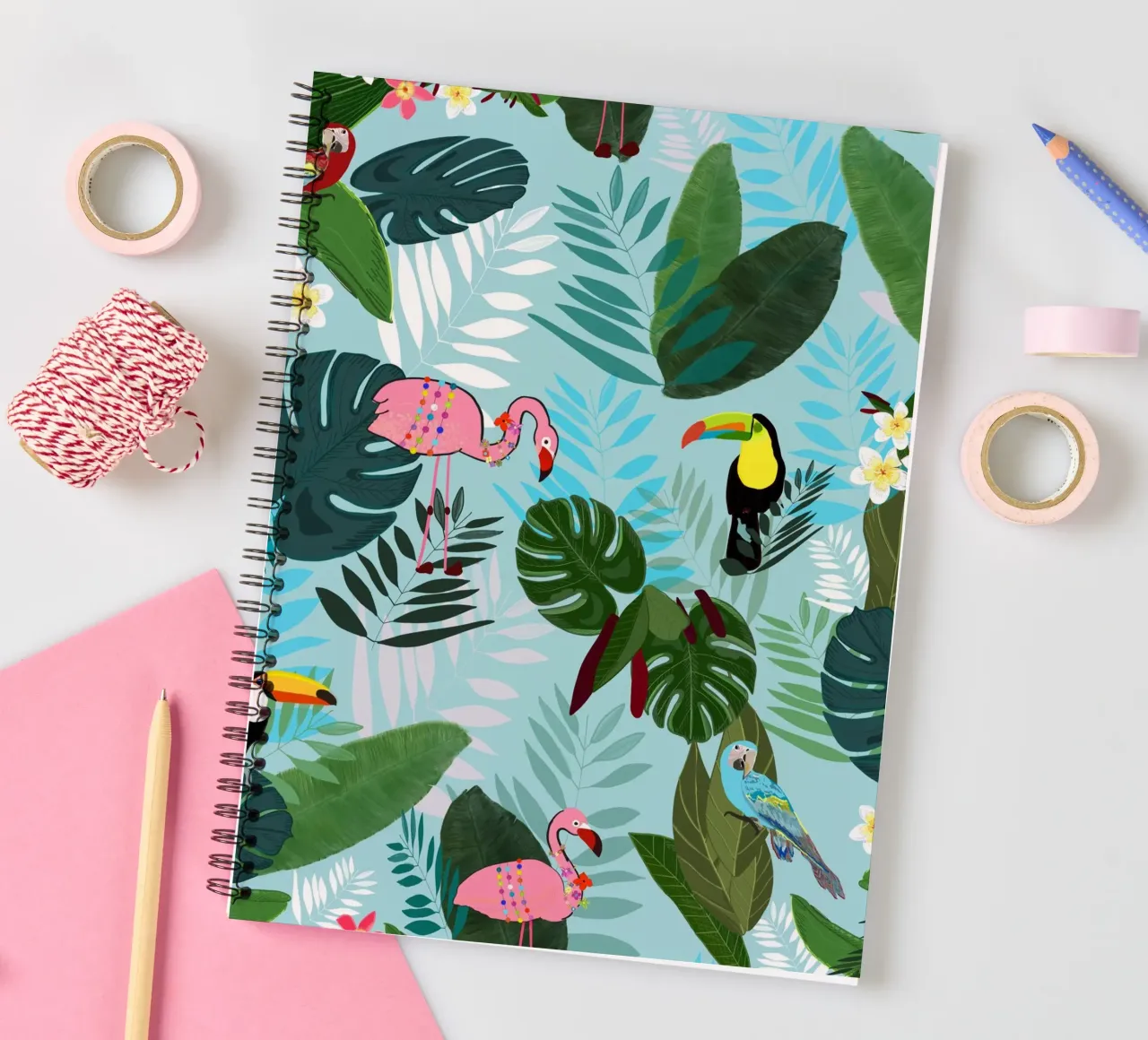 Tropical Leaves With Flamingo, Toucan and Parrot Exotic spiral notebook by gulsengunel