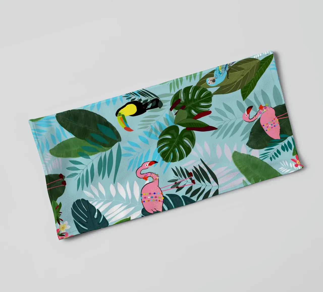 Tropical Leaves With Flamingo, Toucan and Parrot Exotic towel by gulsengunel