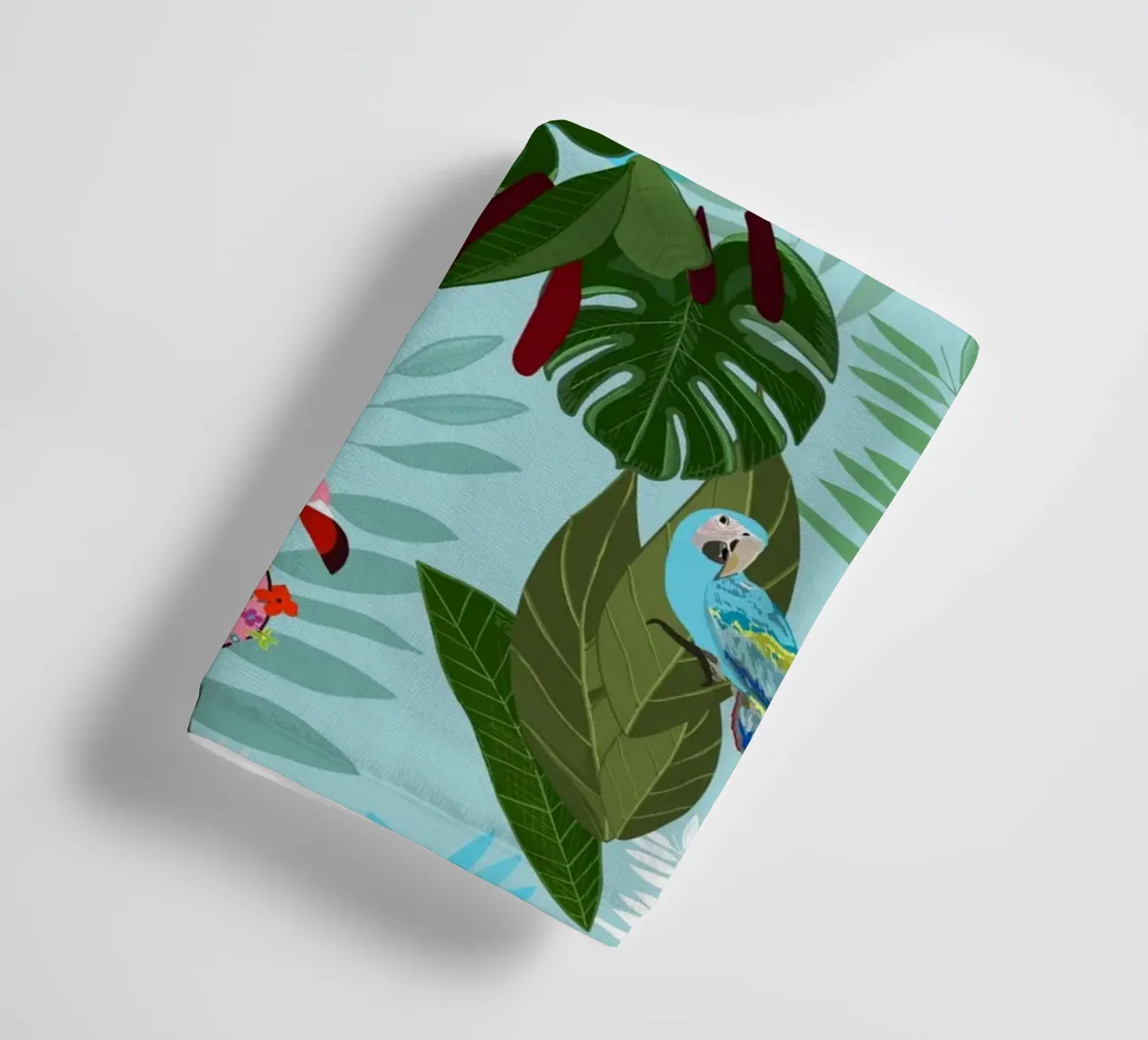 Tropical Leaves With Flamingo, Toucan and Parrot Exotic towel by gulsengunel