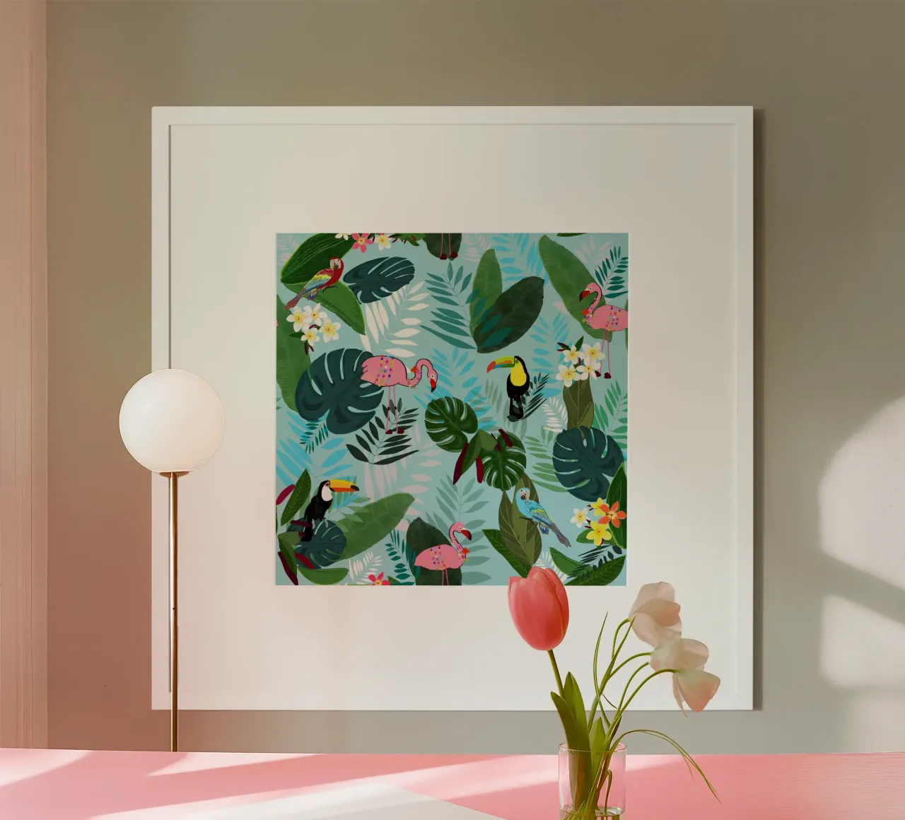 Tropical Leaves With Flamingo, Toucan and Parrot Exotic hahnemühle by gulsengunel