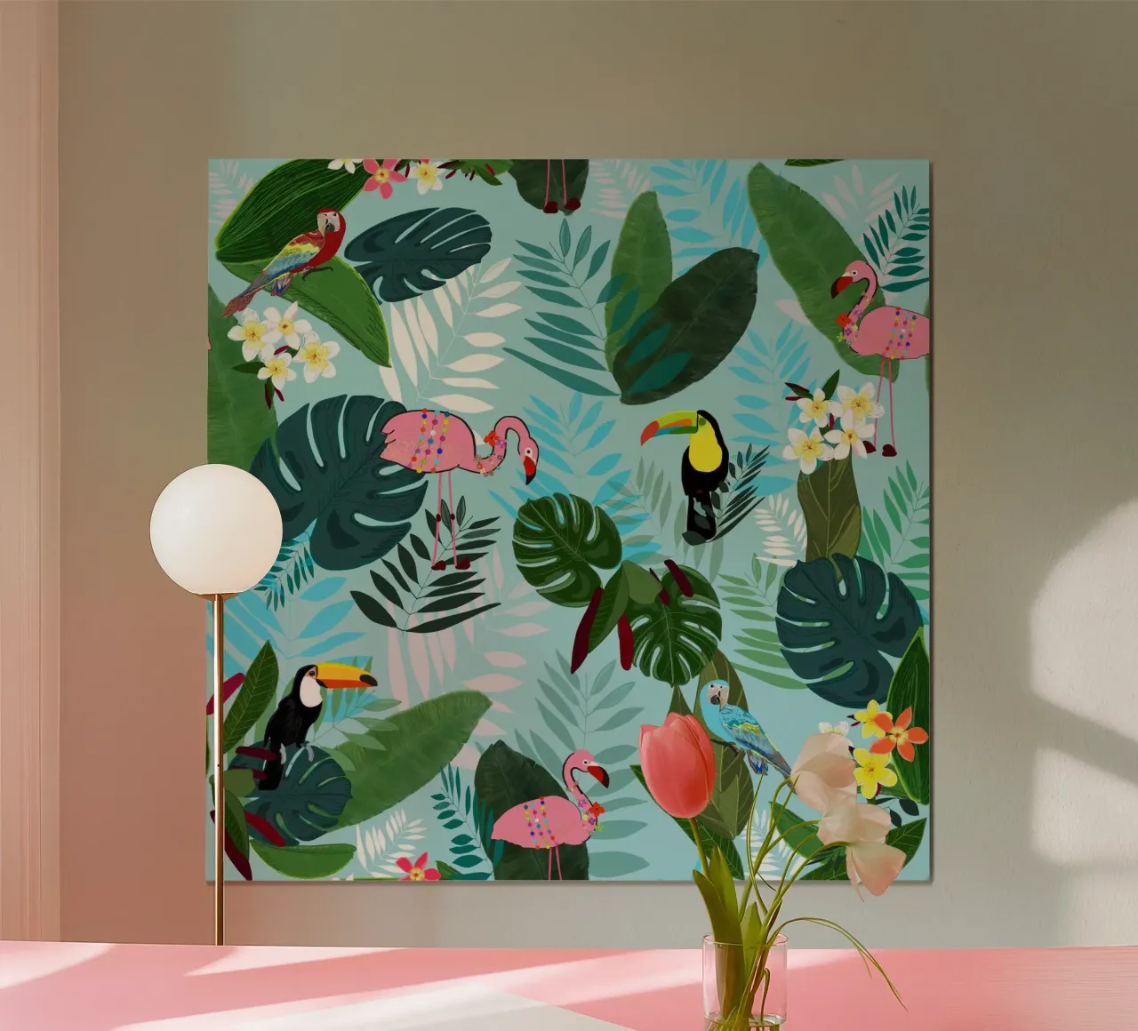 Tropical Leaves With Flamingo, Toucan and Parrot Exotic hahnemühle by gulsengunel