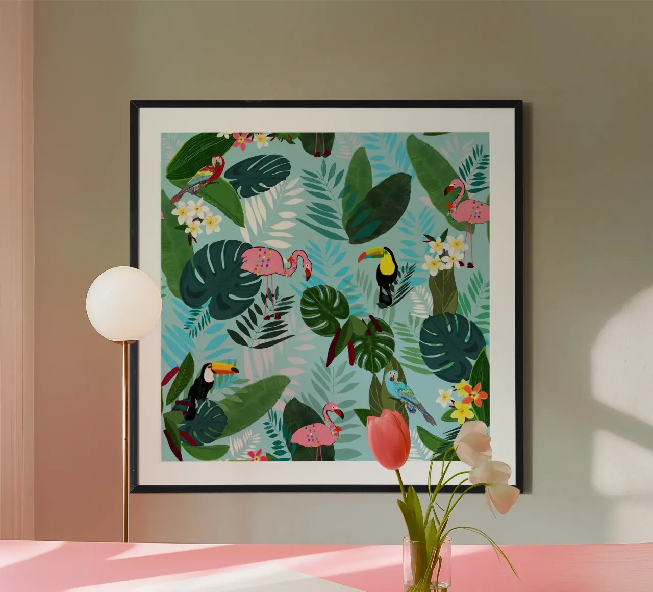 Tropical Leaves With Flamingo, Toucan and Parrot Exotic hahnemühle by gulsengunel