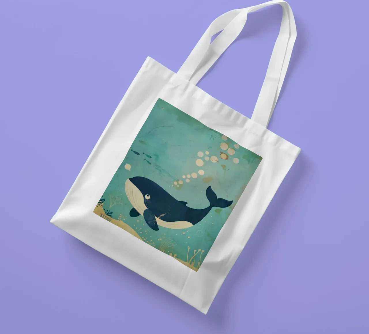 Whale swimming gracefully among fish in an underwater tote bag by DesignDoodle
