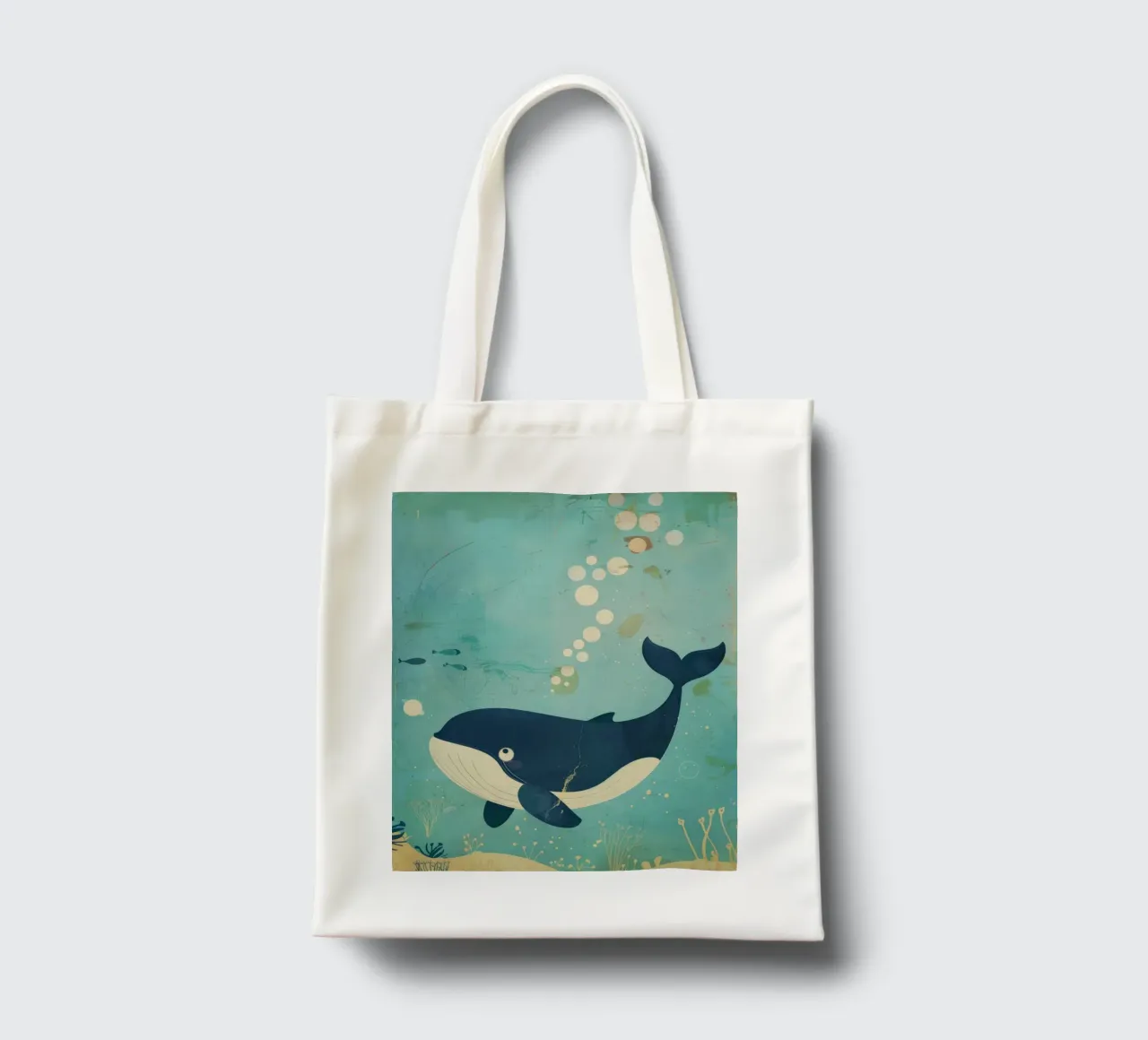 Whale swimming gracefully among fish in an underwater tote bag by DesignDoodle