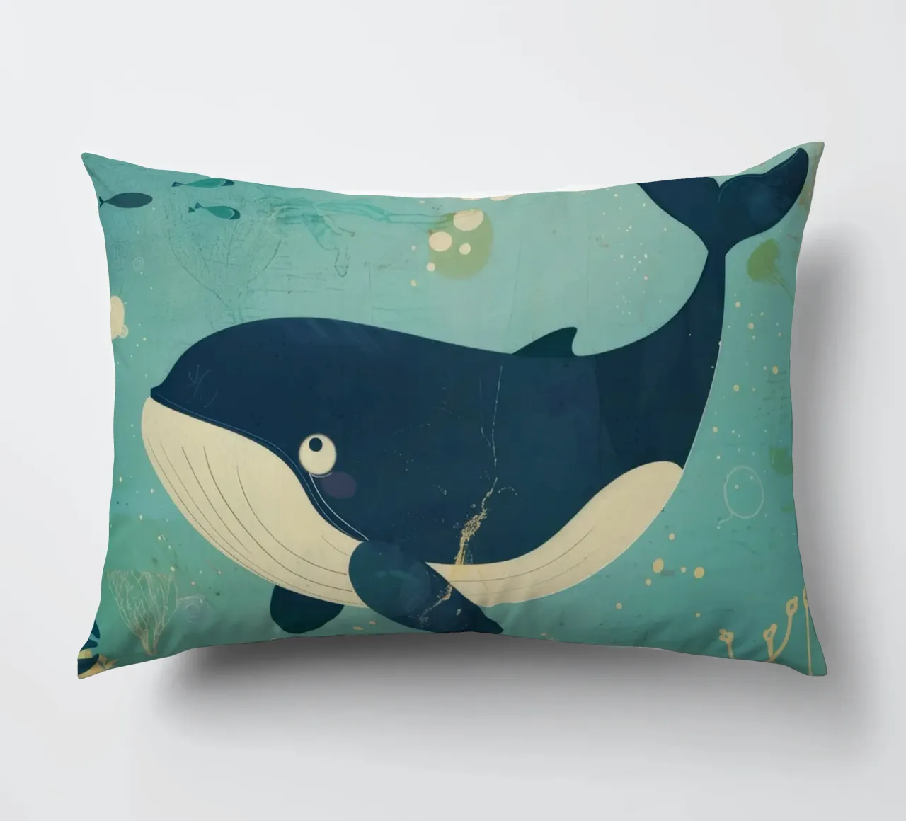 Balena che nuota leggiadra tra i pesci in un ambiente sottomarino cuscino da DesignDoodle