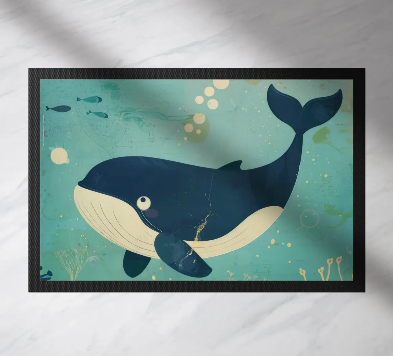 Ballena nadando graciosamente entre peces en un submarino felpudo de DesignDoodle