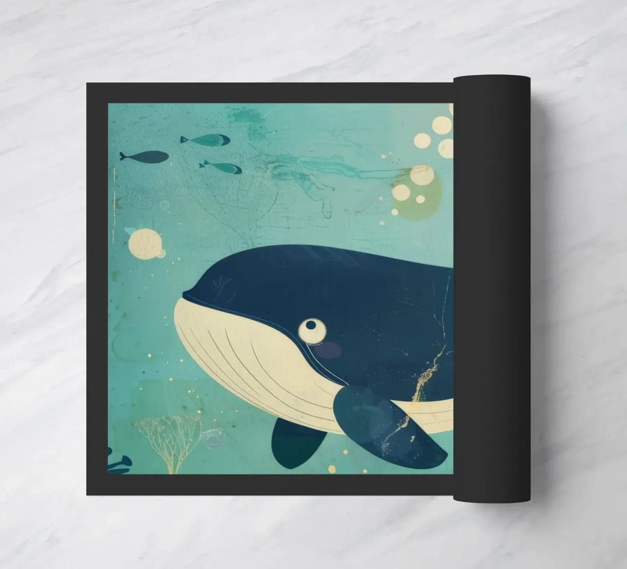 Ballena nadando graciosamente entre peces en un submarino felpudo de DesignDoodle