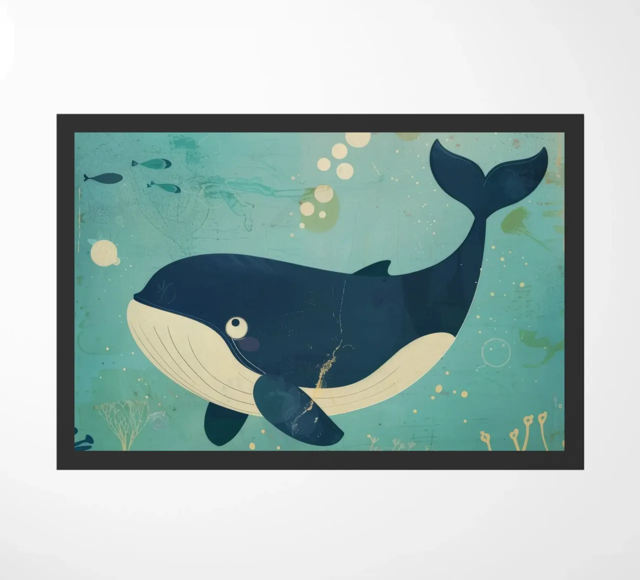 Ballena nadando graciosamente entre peces en un submarino felpudo de DesignDoodle