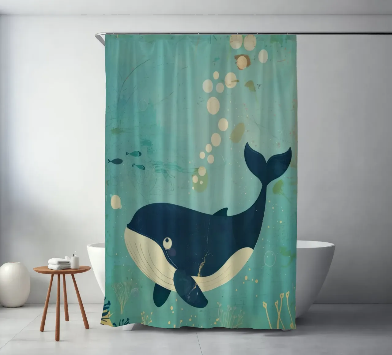 Ballena nadando graciosamente entre peces en un submarino cortina de baño de DesignDoodle