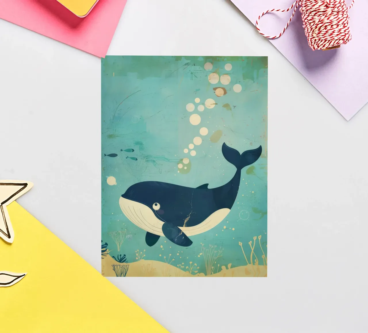 Whale swimming gracefully among fish in an underwater sticker by DesignDoodle