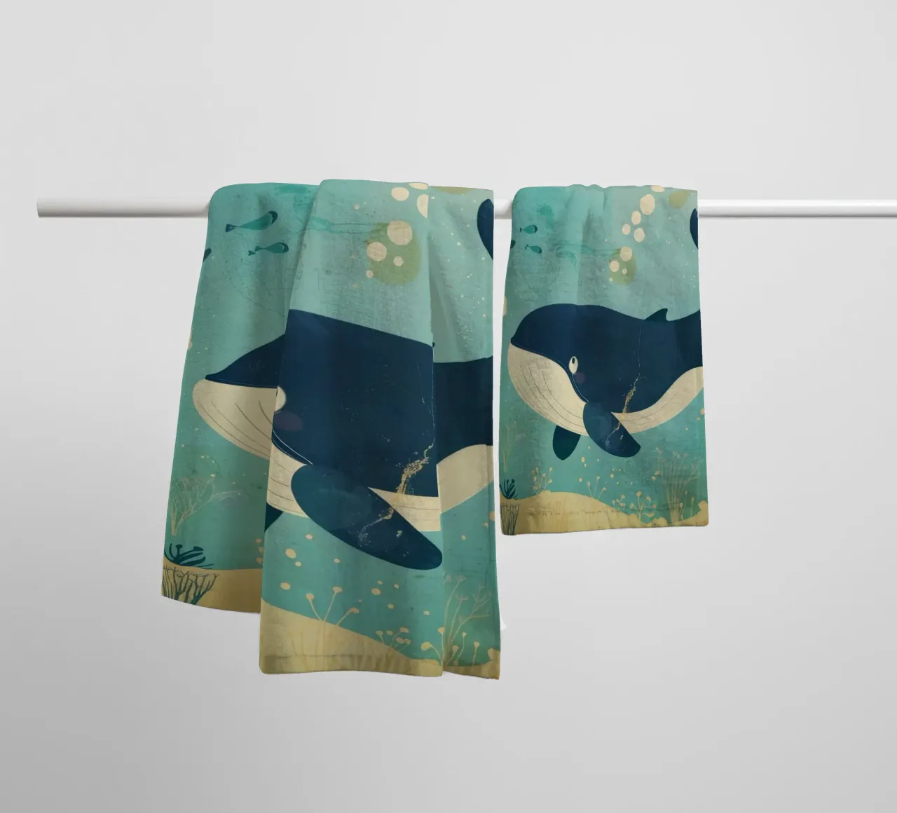Ballena nadando graciosamente entre peces en un submarino toalla de baño de DesignDoodle