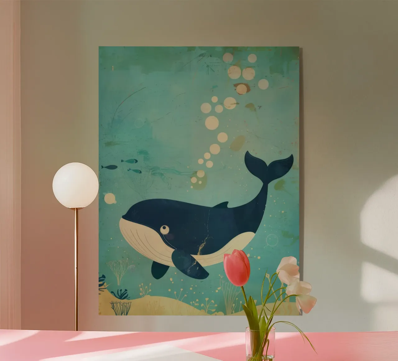 Ballena nadando graciosamente entre peces en un submarino metacrilato de DesignDoodle