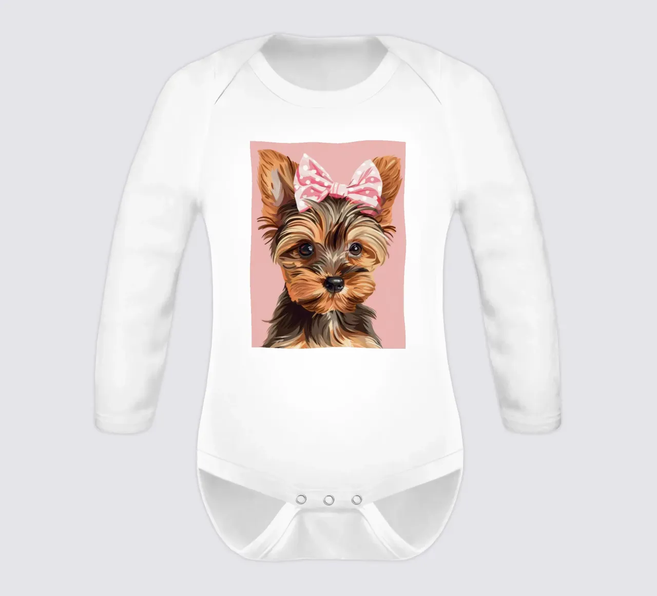 Cute yorkshire terrier with a pink bow on a plain background long-sleeve baby romper by DesignDoodle