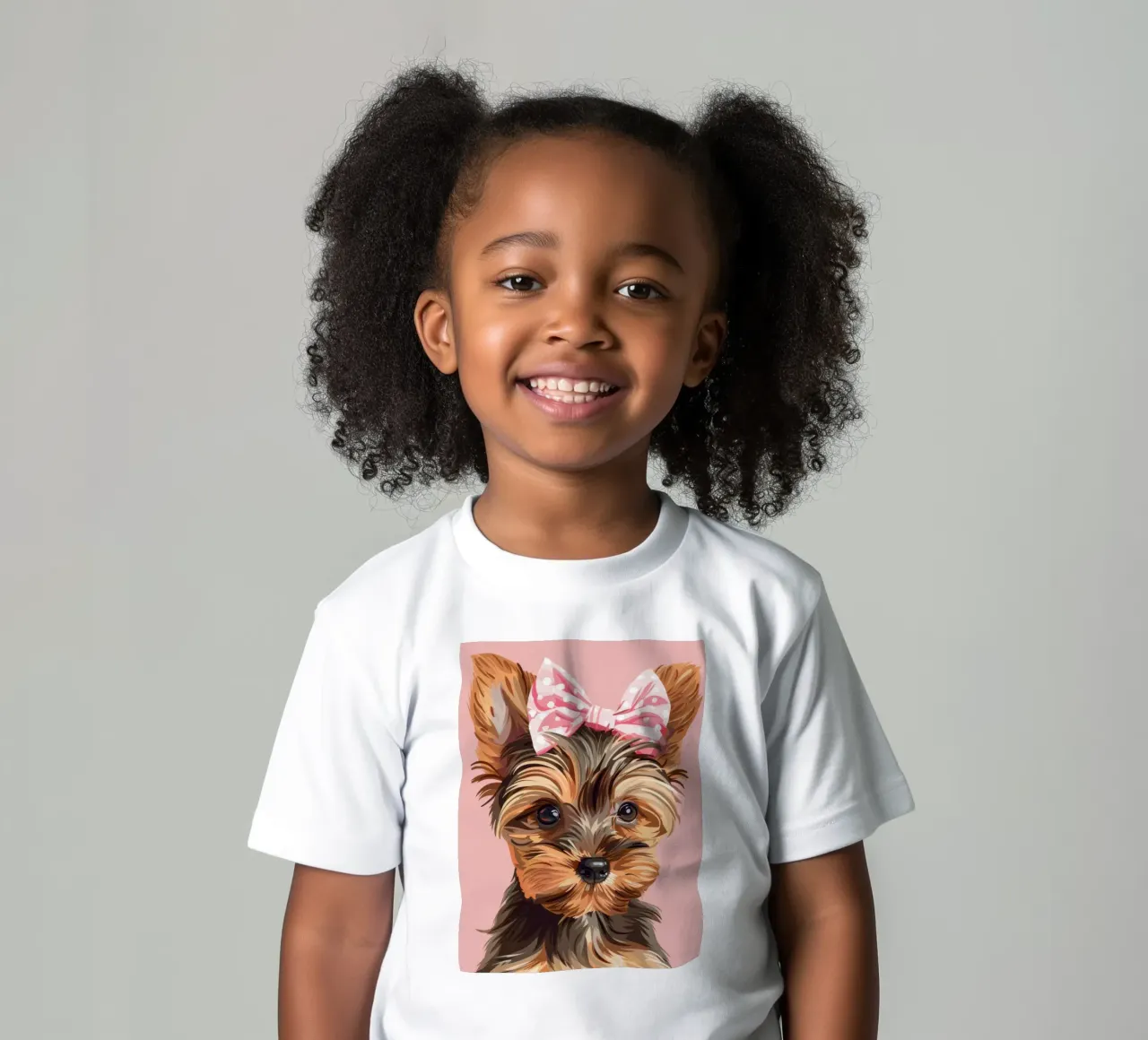 Carino yorkshire terrier con un fiocco rosa su uno sfondo semplice t-shirt bambini da DesignDoodle