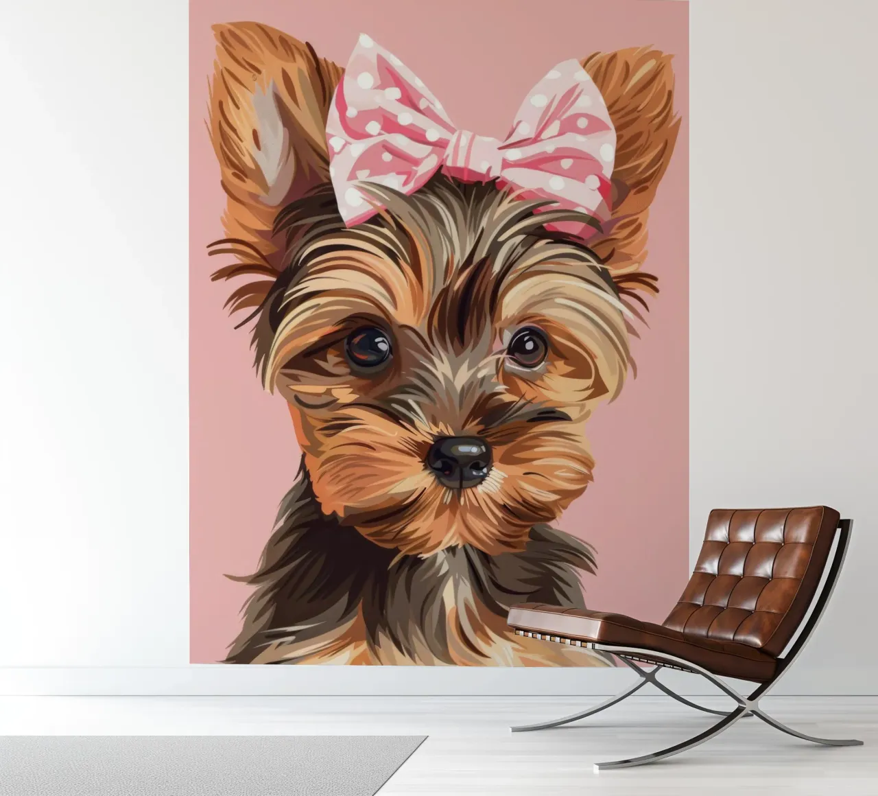 Mignon yorkshire terrier avec un nœud rose sur un fond uni papier peint photo de DesignDoodle