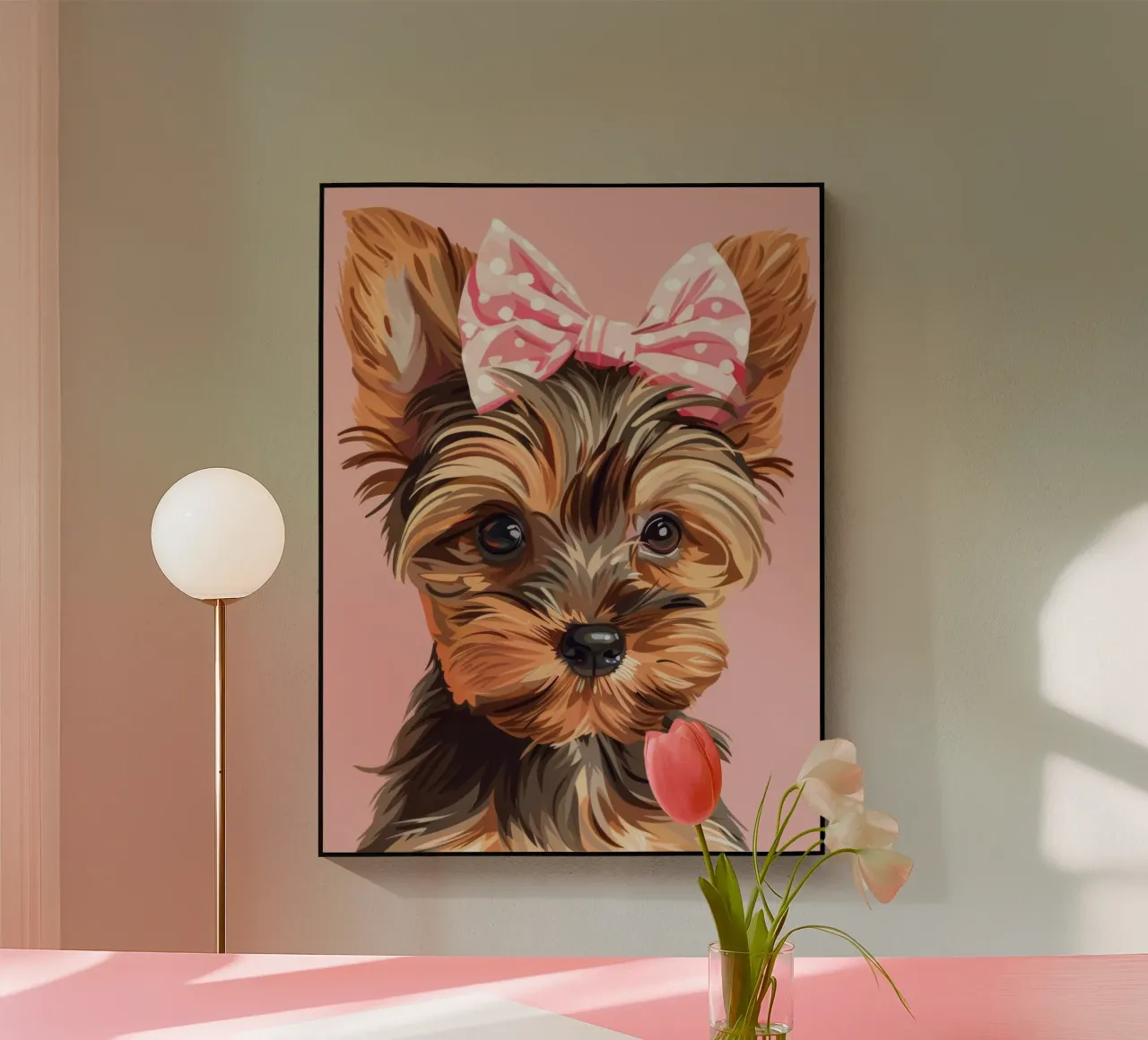 Mignon yorkshire terrier avec un nœud rose sur un fond uni plexiglas de DesignDoodle