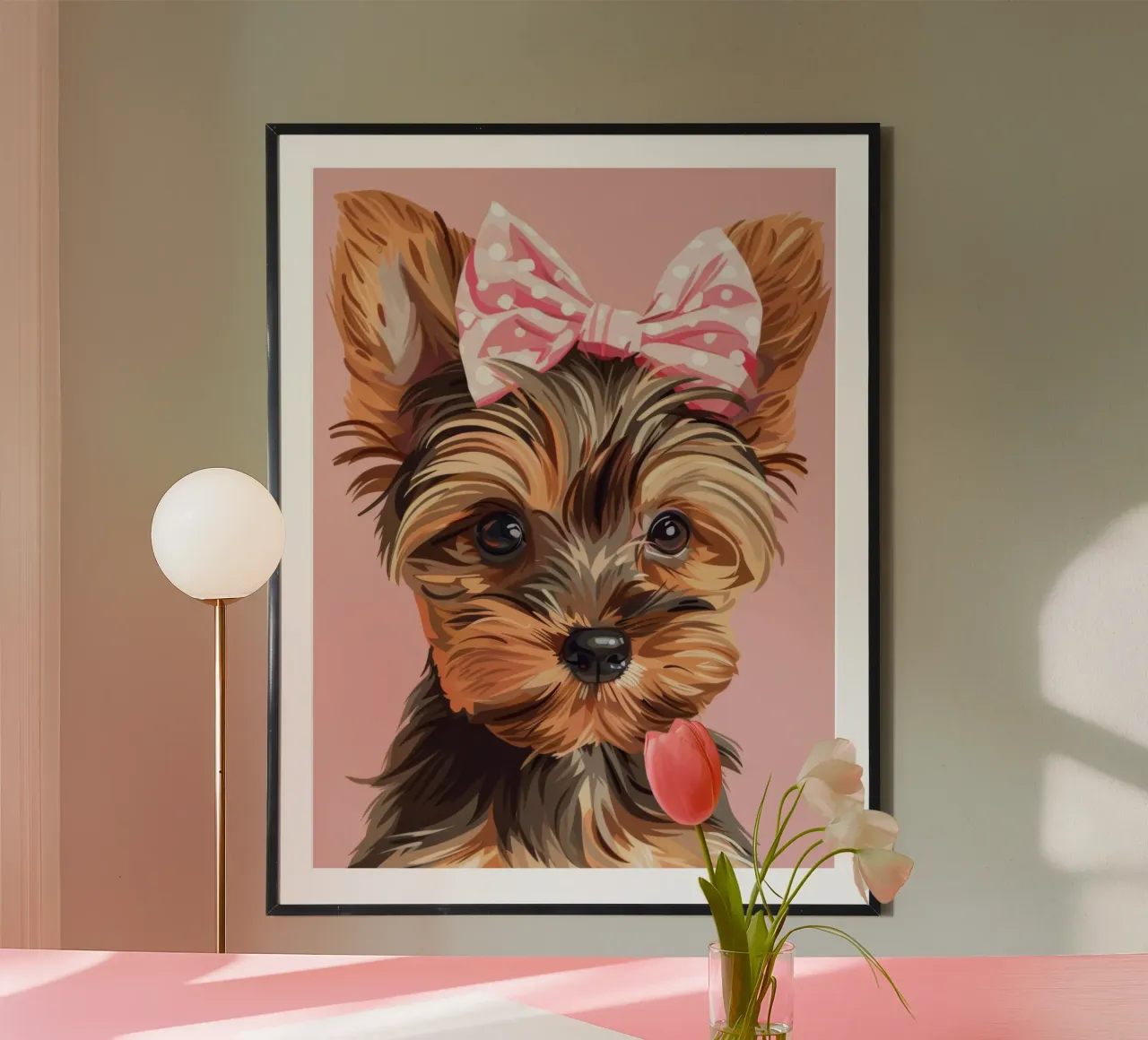 Mignon yorkshire terrier avec un nœud rose sur un fond uni poster avec cadre en bois de DesignDoodle
