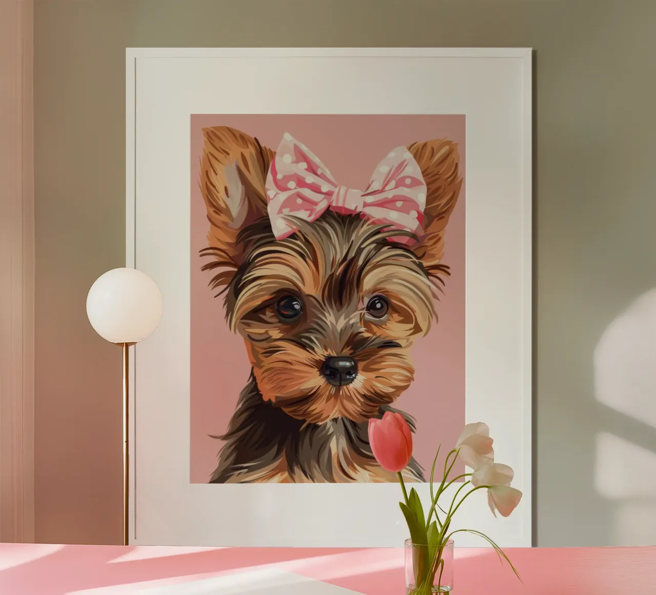 Mignon yorkshire terrier avec un nœud rose sur un fond uni poster avec cadre en bois de DesignDoodle