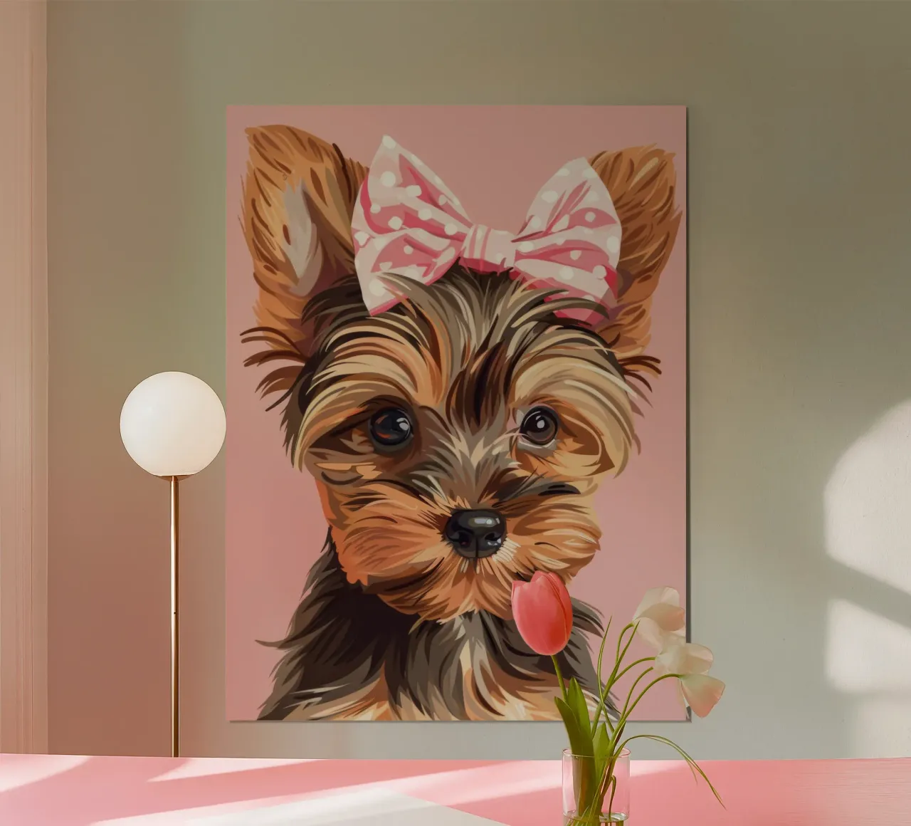 Mignon yorkshire terrier avec un nœud rose sur un fond uni poster avec cadre en bois de DesignDoodle