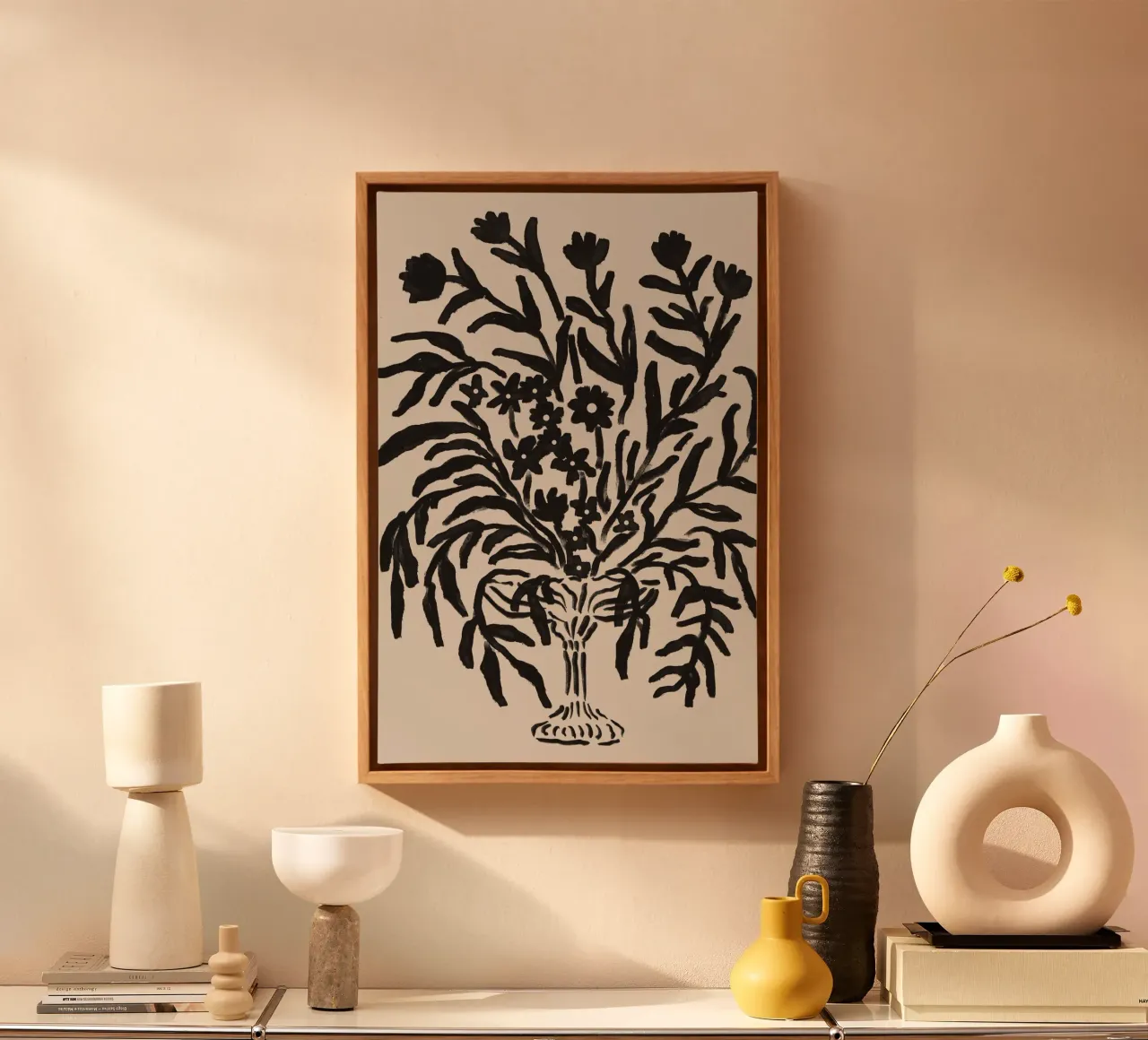 Abstract zwart botanisch arrangement kunst canvas met Baklijst van Melloi Art Print