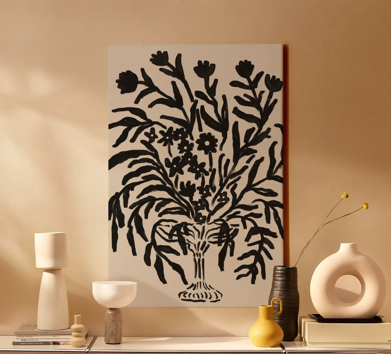 Abstract zwart botanisch arrangement kunst canvas met Baklijst van Melloi Art Print