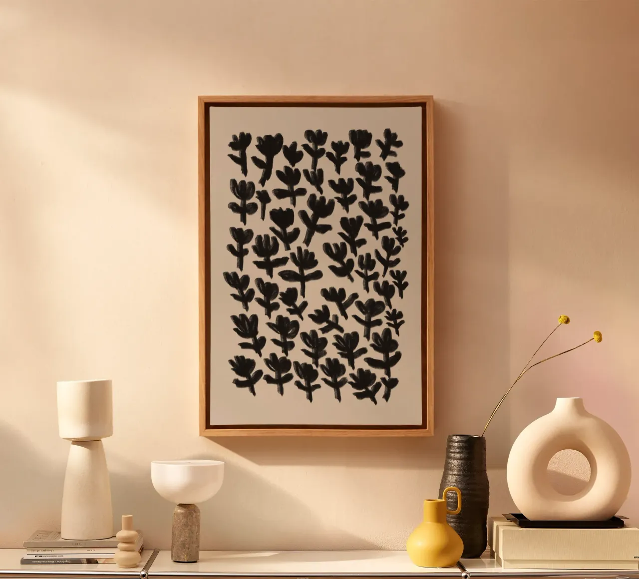 Abstract Zwart Bloemen Doodle Kunst canvas met Baklijst van Melloi Art Print
