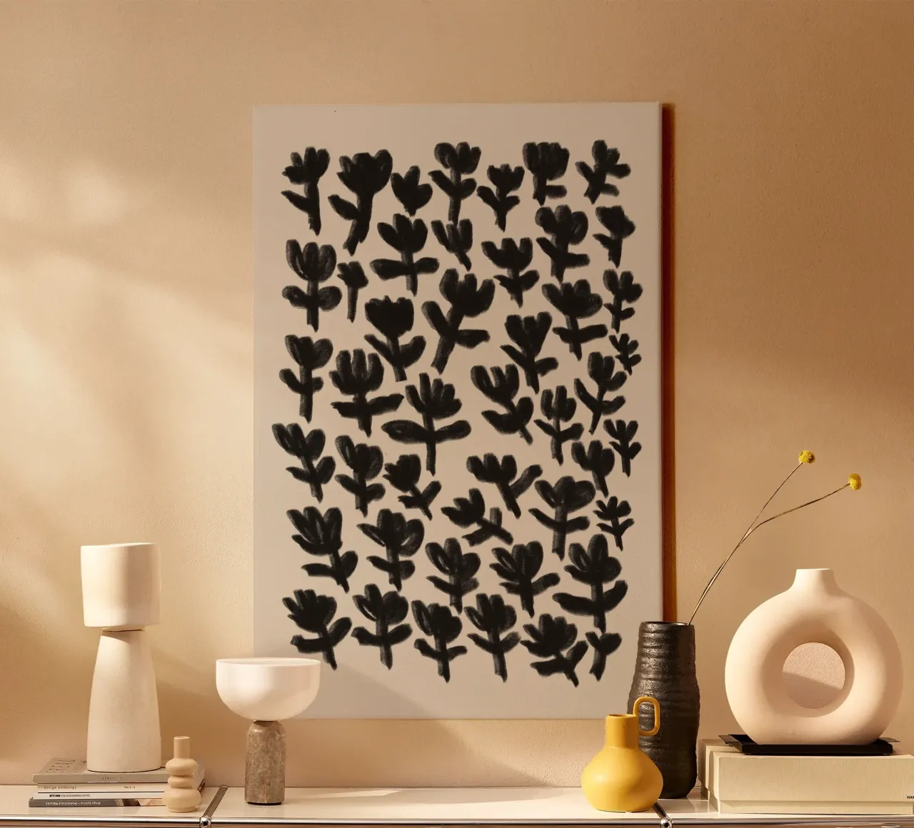 Abstract Zwart Bloemen Doodle Kunst canvas met Baklijst van Melloi Art Print