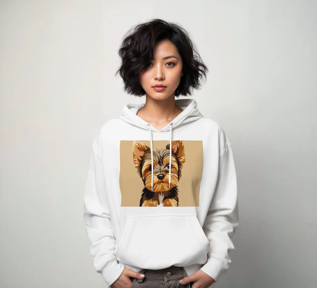 Niedlicher kleiner Hund sitzt mit verspieltem Ausdruck in einem gemütlichen Hoodie von DesignDoodle