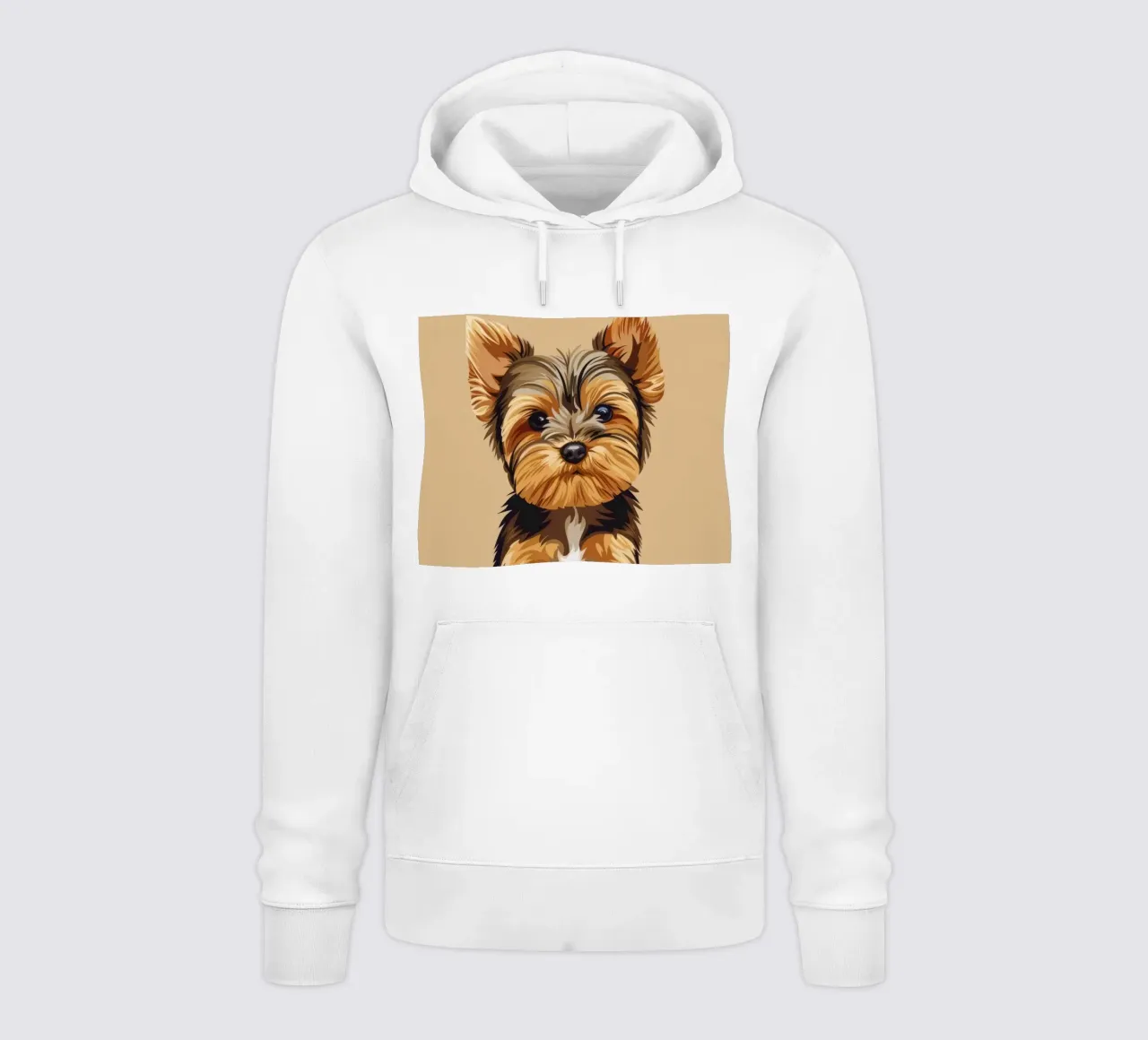 Niedlicher kleiner Hund sitzt mit verspieltem Ausdruck in einem gemütlichen Hoodie von DesignDoodle