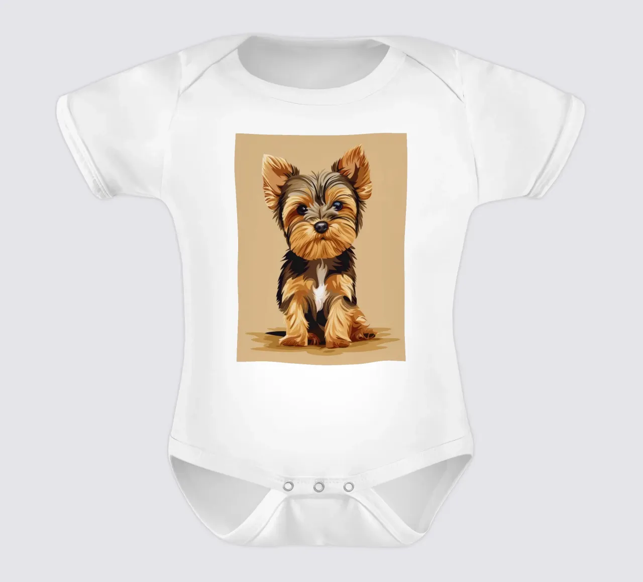Petit chien mignon assis avec une expression enjouée dans un endroit confortable. body bébé de DesignDoodle