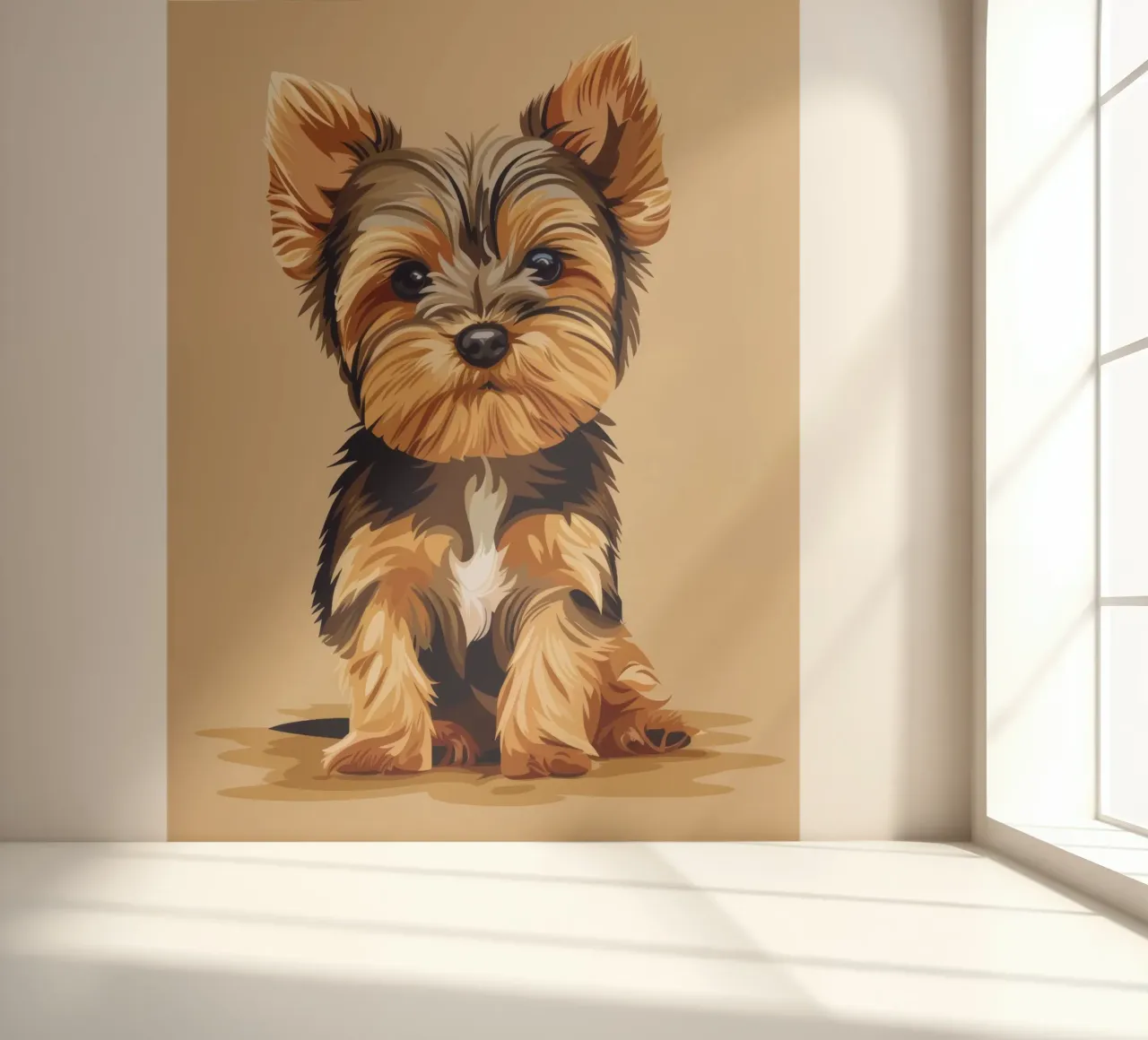 Niedlicher kleiner Hund sitzt mit verspieltem Ausdruck in einem gemütlichen Fototapete von DesignDoodle