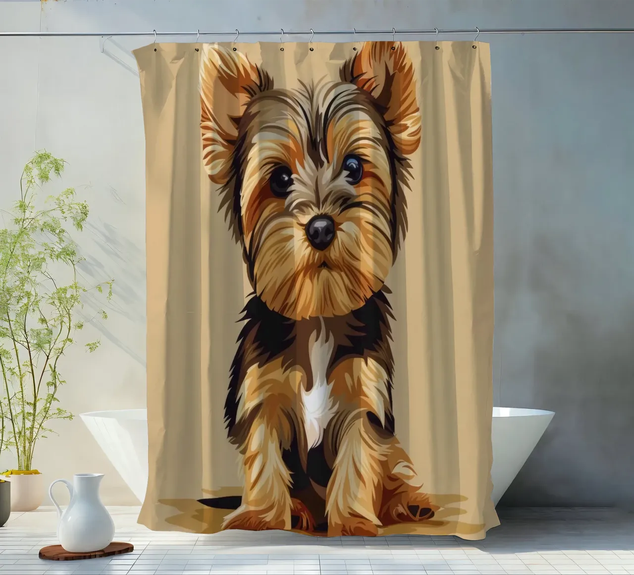 Cane carino di piccola taglia seduto con un'espressione giocosa in un ambiente accogliente tenda da doccia da DesignDoodle