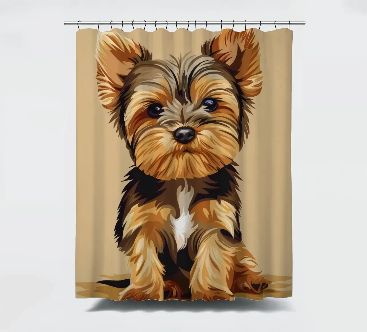 Cane carino di piccola taglia seduto con un'espressione giocosa in un ambiente accogliente tenda da doccia da DesignDoodle