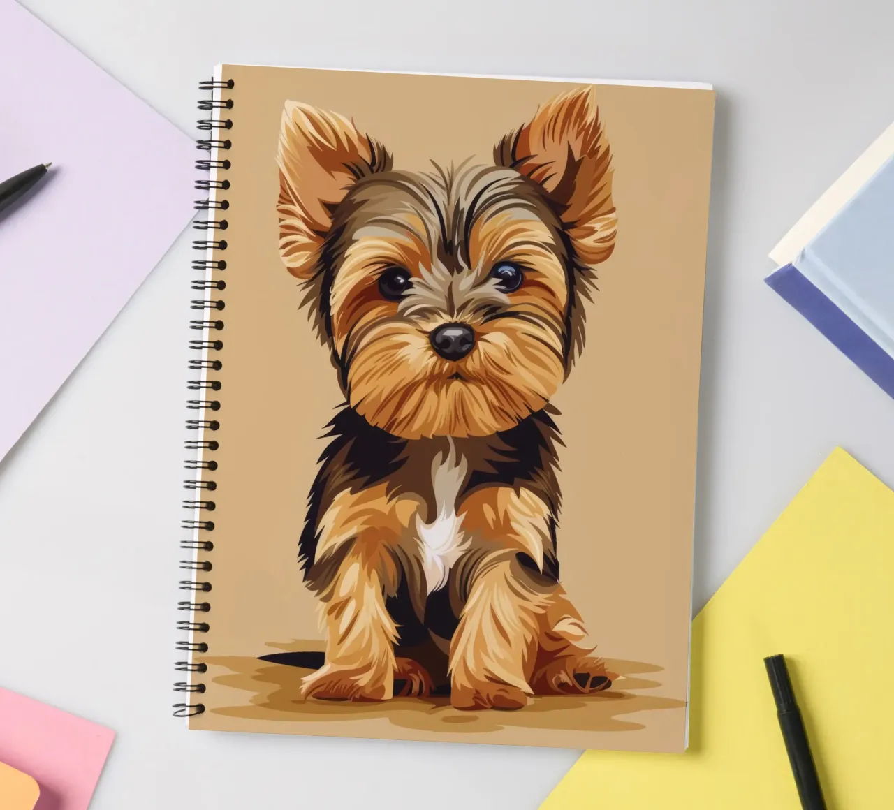 Niedlicher kleiner Hund sitzt mit verspieltem Ausdruck in einem gemütlichen Ringbuch von DesignDoodle