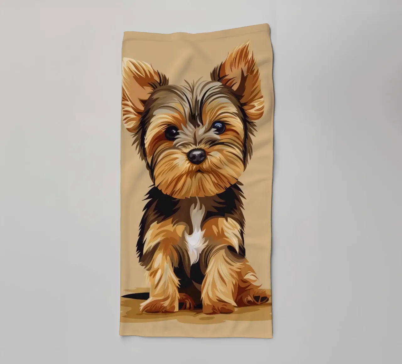 Petit chien mignon assis avec une expression enjouée dans un endroit confortable. serviette de bain de DesignDoodle