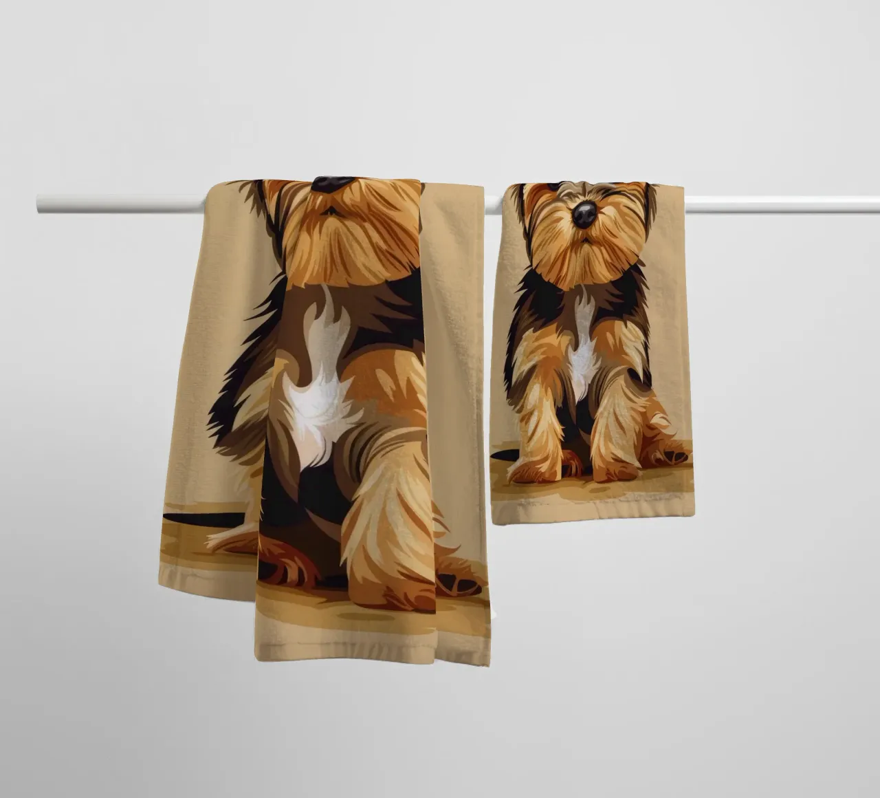 Petit chien mignon assis avec une expression enjouée dans un endroit confortable. serviette de bain de DesignDoodle