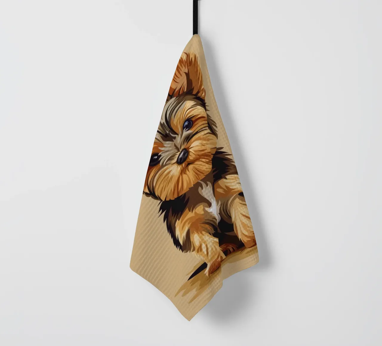 Petit chien mignon assis avec une expression enjouée dans un endroit confortable. torchon de DesignDoodle