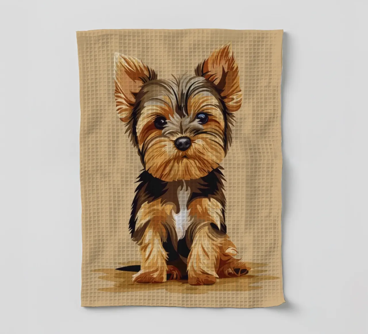 Petit chien mignon assis avec une expression enjouée dans un endroit confortable. torchon de DesignDoodle