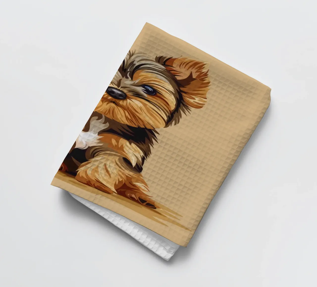 Petit chien mignon assis avec une expression enjouée dans un endroit confortable. torchon de DesignDoodle