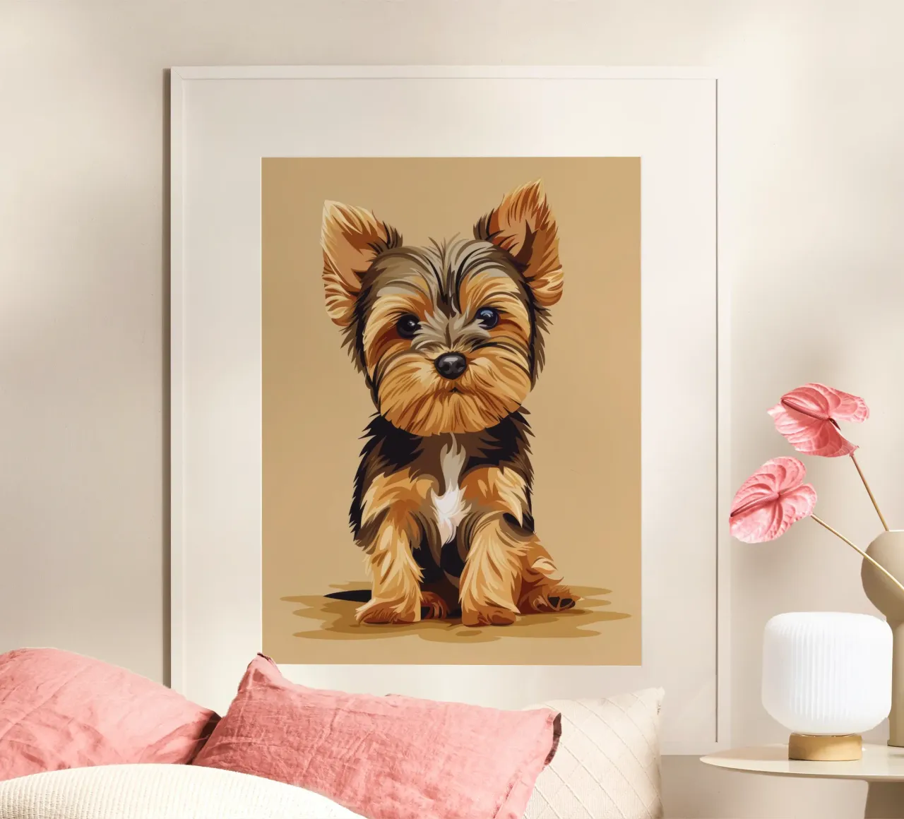 Cane carino di piccola taglia seduto con un'espressione giocosa in un ambiente accogliente poster con telaio in legno da DesignDoodle