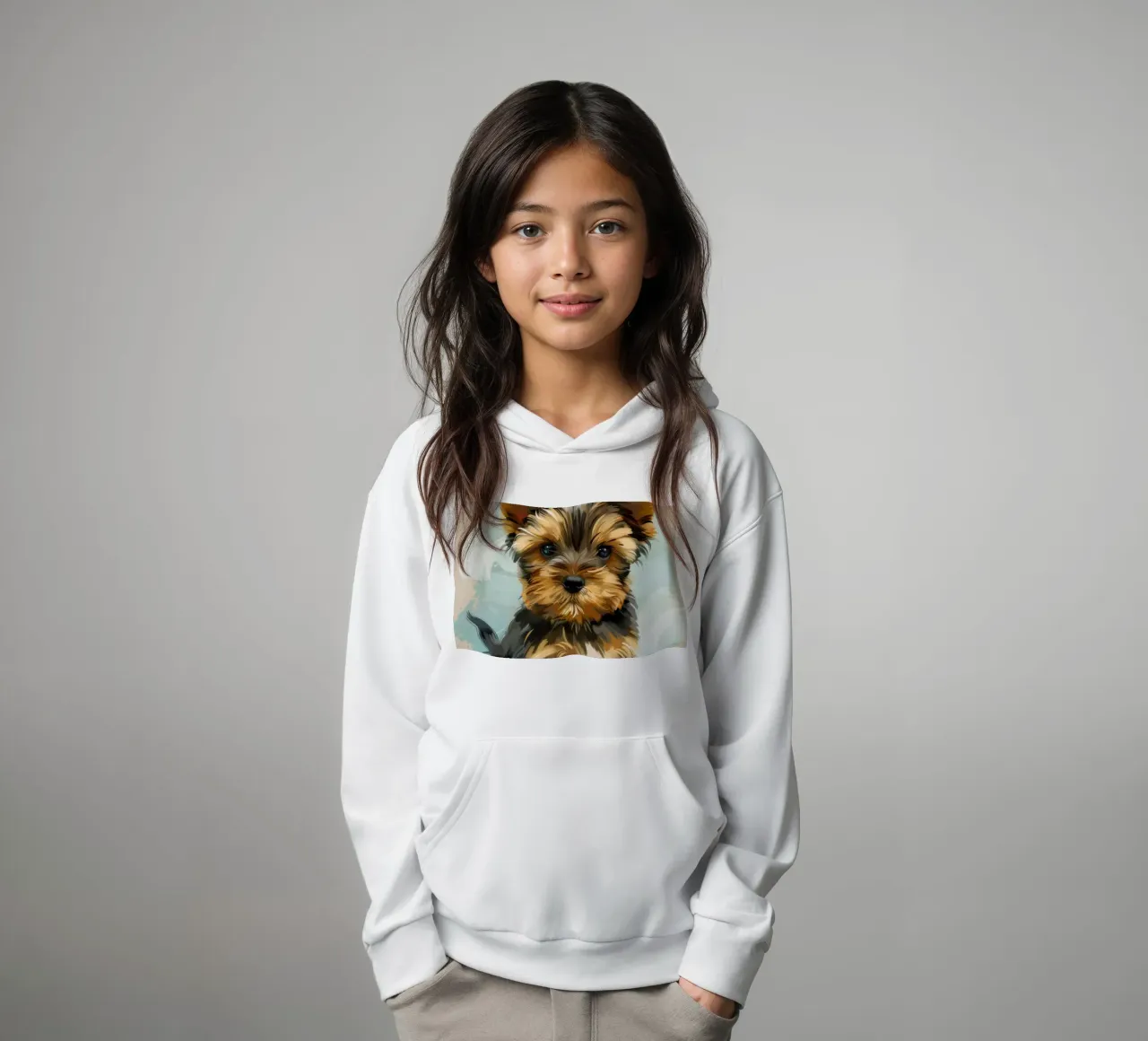Cute Yorkshire Terrier puppy sitting calmly kids hoodie by DesignDoodle