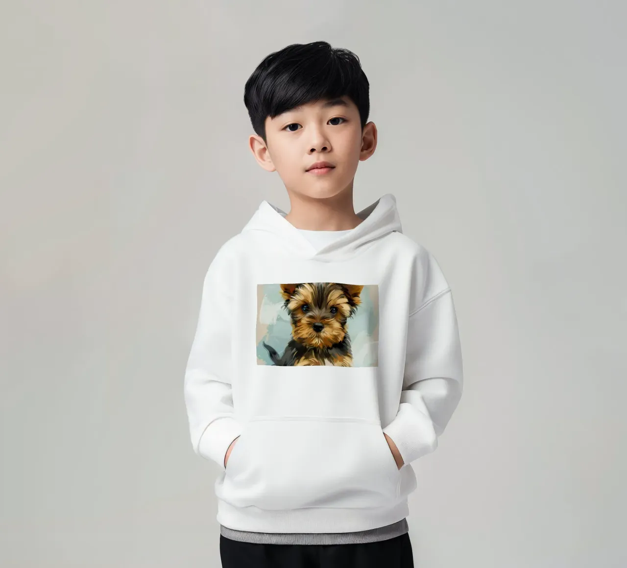 Cute Yorkshire Terrier puppy sitting calmly kids hoodie by DesignDoodle