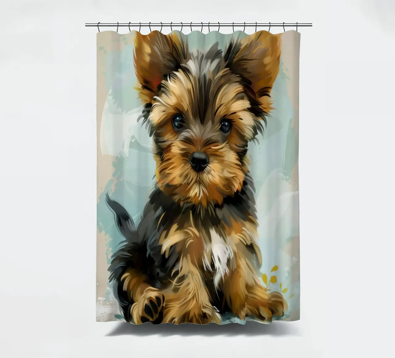 Cute Yorkshire Terrier puppy sitting calmly shower curtain by DesignDoodle