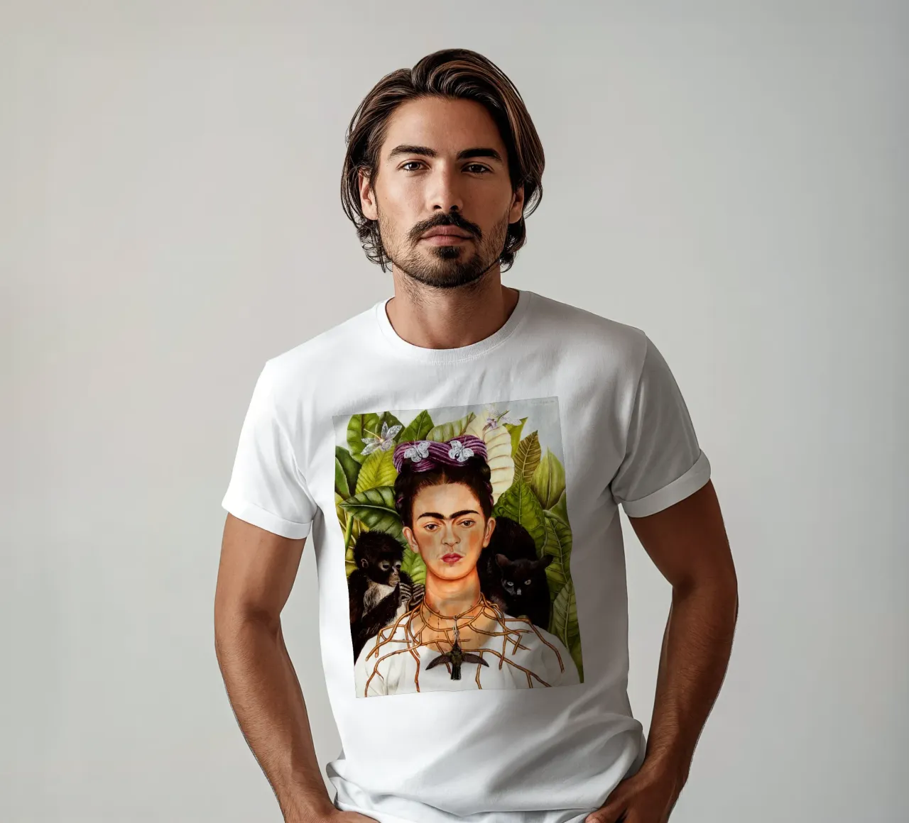 Frida Kahlo – Self-Portrait with Thorn Necklace and Hummingb t-shirt by Mostly Pink