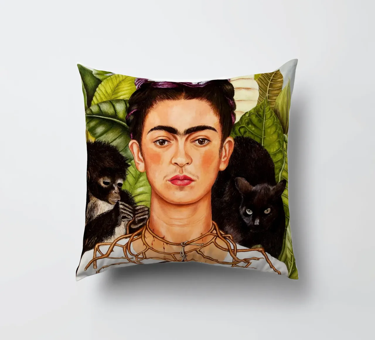 Frida Kahlo Autoritratto con collana di spine e colibrì cuscino da Classic Art Prints
