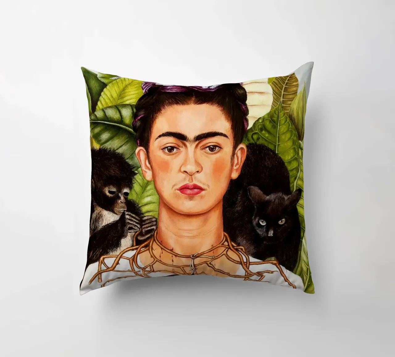 Frida Kahlo Autoritratto con collana di spine e colibrì cuscino da Classic Art Prints