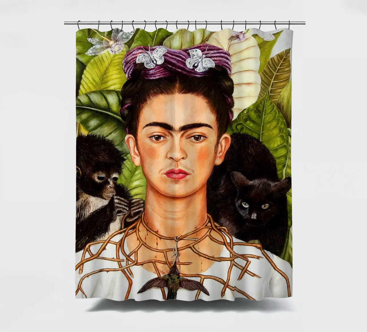 Frida Kahlo Self-Portrait withThorn Necklace and Hummingbird shower curtain by Classic Art Prints